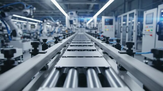 Factory line motion scene inside a modern manufacturing facility with a long conveyor system carrying uniform products in steady rhythm, brushed metal frames and precision rollers reflecting cool