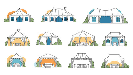 Set of white outdoor marquee tents with colorful curtains and surrounding greenery for garden weddings and festive summer celebrations.