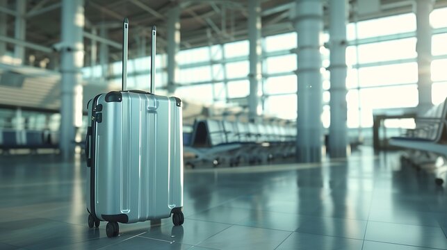 Silver suitcase standing in a blurred airport terminal hall