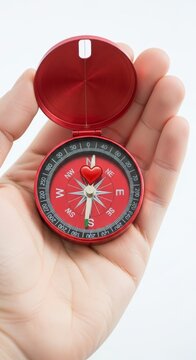 Hand holding small red compass outdoors.