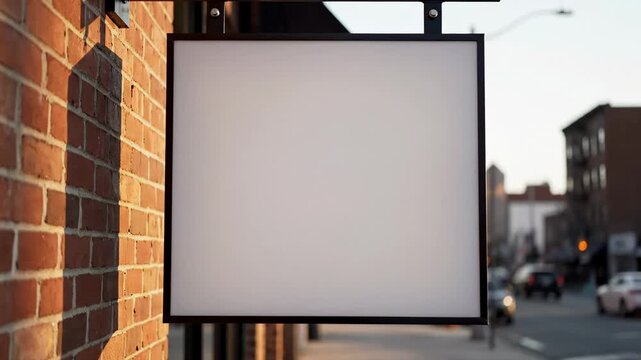 Hanging Square Signboard \'96 double sided street signage mockup, a realistic urban streetscape in soft morning light featuring a metal bracket extending from a textured brick wall, supporting a