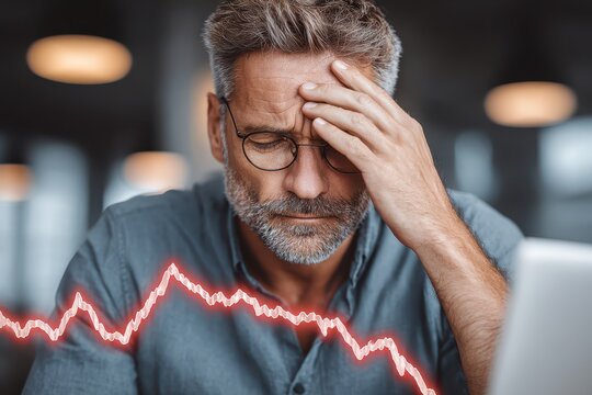 Anxious businessman suffering from financial loss and market crash, shown by the descending chart line, representing business recession and economic decline, wearing glasses.