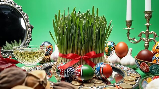 Haft Seen table setting for Nowruz Persian New Year celebration.