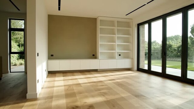 Contemporary Living Room Upgrade Scene focused on clean architectural lines, newly installed wide-plank wooden flooring reflecting natural light, minimalist built-in shelving units awaiting decor,
