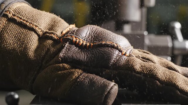 Video of Work Gloves Detail &ndash; fabric texture close-up with rugged vibe, durable safety gear concept, industrial equipment background for construction and manufacturing branding, extreme macro view of