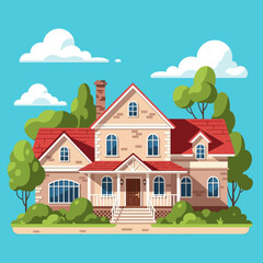 Fototapeta premium Two-story residential house with a red roof and porch. Vector illustration of a suburban home with a garden, trees, and blue sky. Perfect for real estate and housing market concepts.