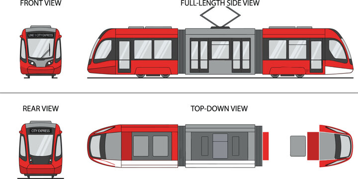 Modern red tram city express vector illustration showing front side rear and top views, urban public transport blueprint, electrical light rail transit.
