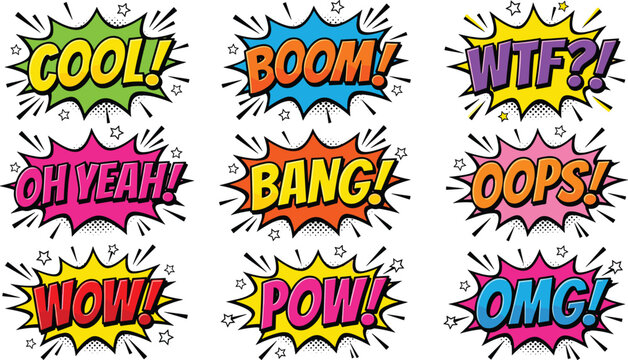 Set of colorful comic book speech bubbles with sound effects, pop art style explosion clouds, expressive wow boom and bang text stickers.