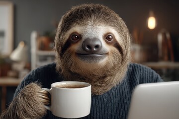 Obraz premium A funny sloth drinking coffee while working on a laptop, wearing a sweater, indoors, showing a happy, relaxed and calm expression on his cute face.