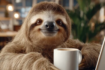Obraz premium A charming sloth enjoying a cup of coffee while using a laptop, indoors setting, showcasing a relaxed and humorous scene with a focus on the animal's expression.