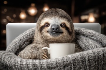 Obraz premium A charming portrait of a sloth wrapped in a cozy blanket, holding a cup of coffee, relaxing in a comfortable chair, looking adorable with its gentle smile and curious eyes.