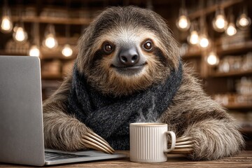 Obraz premium An adorable sloth wearing a scarf sits at a desk with a laptop and coffee mug, looking directly at the viewer in a cozy, inviting setting with warm lighting.
