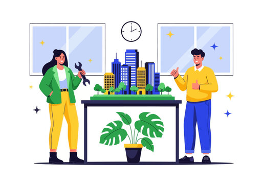 Architects and engineers celebrate their successful smart city development project. A diverse team presents a detailed miniature model with a wrench and double thumbs-up in a modern office.