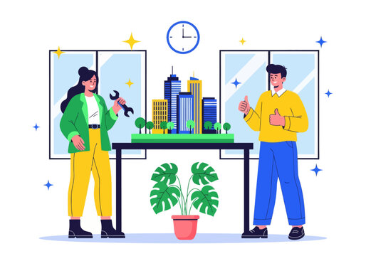 Architects and engineers celebrate their successful smart city development project. A diverse team presents a detailed miniature model with a wrench and double thumbs-up in a modern office.