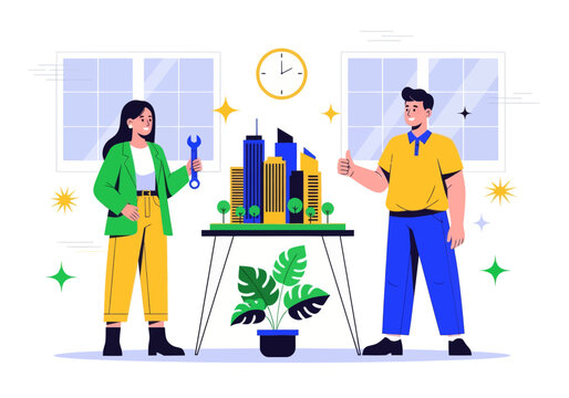 Architects and engineers celebrate their successful smart city development project. A diverse team presents a detailed miniature model with a wrench and double thumbs-up in a modern office.