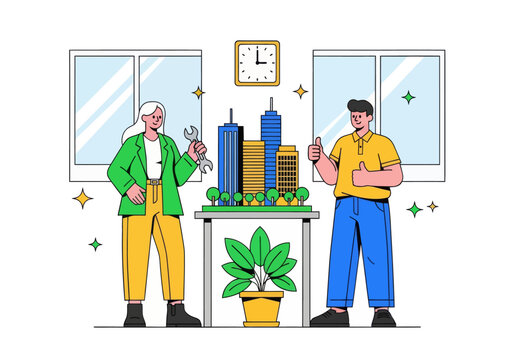 Architects and engineers celebrate their successful smart city development project. A diverse team presents a detailed miniature model with a wrench and double thumbs-up in a modern office.