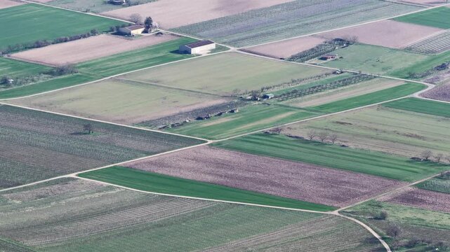 Aerial view of patchwork agricultural fields with roads cutting through the verdant landscape, creating geometric patterns, Mittelwihr, Grand Est, France.