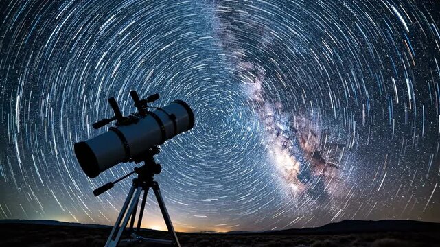 This video showcases Astronomy Stargazing &ndash; Telescope silhouette, night sky time-lapse, celestial observation concept, science exploration theme and cosmic discovery branding visual.