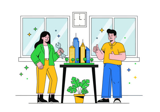 Architects and engineers celebrate their successful smart city development project. A diverse team presents a detailed miniature model with a wrench and double thumbs-up in a modern office.