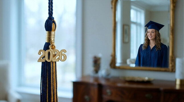 Woman graduate in blue cap and gown looking into ornate mirror. Tassel with 2026 hanging in foreground. Academic achievement and future success concept for graduation celebration