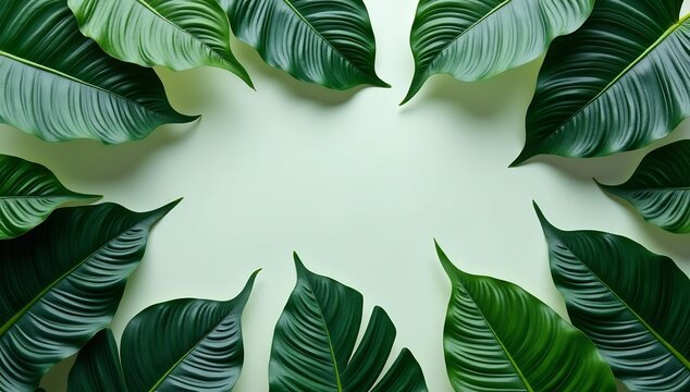 Vibrant Green Leaves Arranged in a Circular Frame on a Light Background.