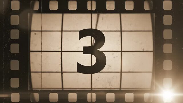 Video of retro countdown leader with 5 4 3 film reel animation, vintage cinema intro background, classic movie countdown graphic for production opening and nostalgic media branding.