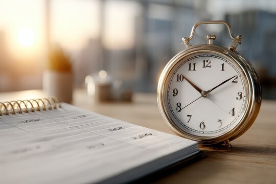 Close-up shot of a gold vintage clock and calendar planner, symbolizing time management and organization against a blurry, sunlit background, emphasizing productivity.