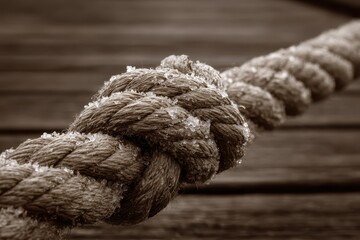 Fototapeta premium Close-up of a thick, natural rope tied in a complex knot covered in ice crystals, laid on aged wood planks, sepia toned and textured surface, depth of field.