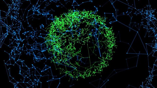 Futuristic digital sphere with green and blue network connections, AI, big data, and cybersecurity concept. 4k seamless loop