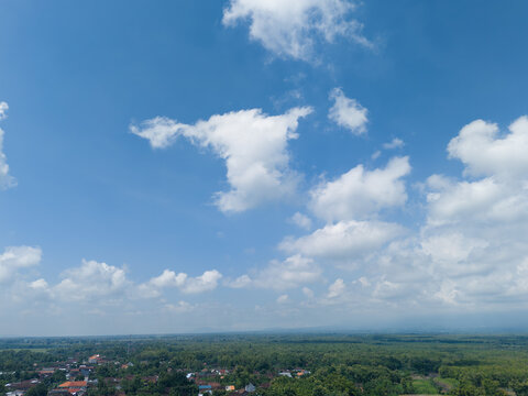 High angle perspective of vast blue sky and fluffy clouds over tropical teak forest landscape.
