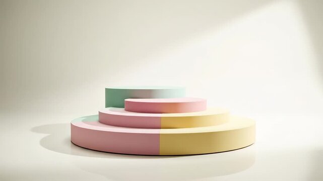 Video of soft pastel display stage in bright studio setting for seasonal launch concept, minimalist product presentation background, modern branding visual, curved podium structure in pale spring