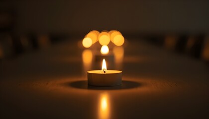 A single lit candle in a dark room with blurred lights in the background