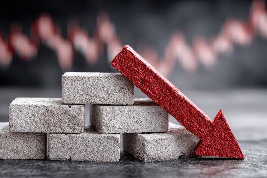 A declining trend indicated by a red arrow resting on a stack of blocks, financial downturn and stock market volatility, economic recession implications.