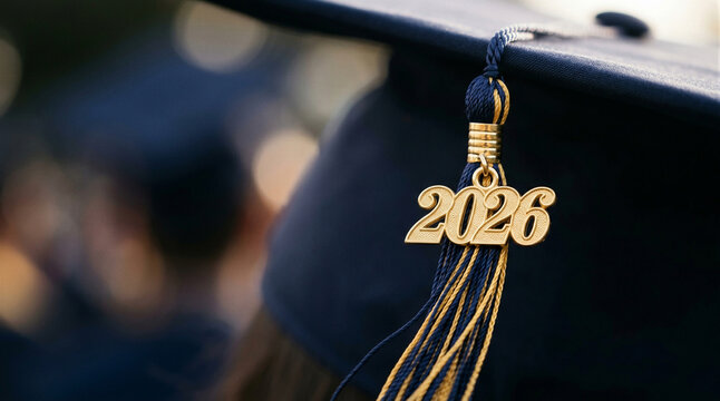 Graduation tassel with golden 2026 charm on black mortarboard cap. Symbol of academic achievement and future educational milestone. Commencement celebration for students and graduates