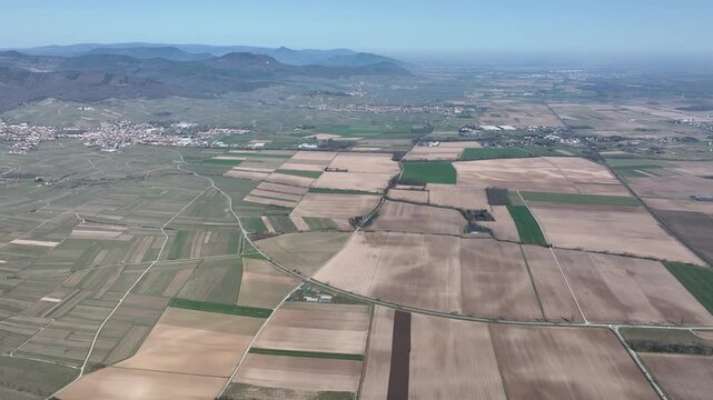 Aerial view of the patchwork fields, a tapestry of textures and tones, stretching towards the distant mountains, Mittelwihr, Grand Est, France.