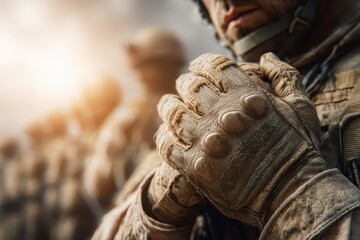 Naklejka premium Close-up of gloved hands of soldiers in desert camouflage, focusing on unity and strength, symbolizing the unwavering resolve of military personnel on a challenging mission.
