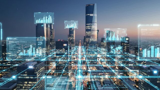 Video of Smart City Digital Overlay &ndash; Futuristic HUD over cityscape concept showcasing urban innovation, connected infrastructure and data-driven technology for corporate, telecom and sustainability