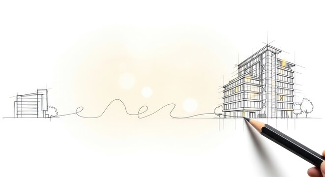 Hand drawing intricate architectural sketch modern office building with sharp graphite pencil, for urban development, construction planning, innovative design, future growth in real estate.