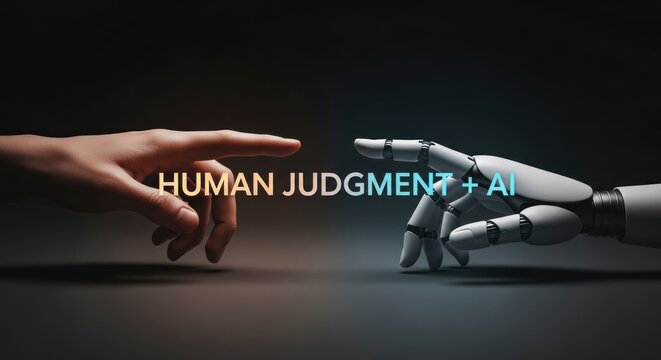 Human hand robotic hand extending to meet with 'human judgment + ai' text, for crucial collaboration, integration, future partnership between human intelligence artificial intelligence
