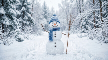 Obraz premium Cheerful Snowman with Blue Accessories Standing in Snowy Forest Landscape