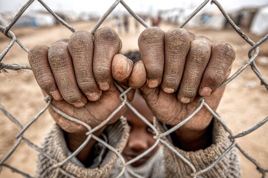 A child's dirty hands grip a chain-link fence at a refugee camp, symbolizing hope and despair as he gazes out, showing the struggles and resilience amidst adversity.