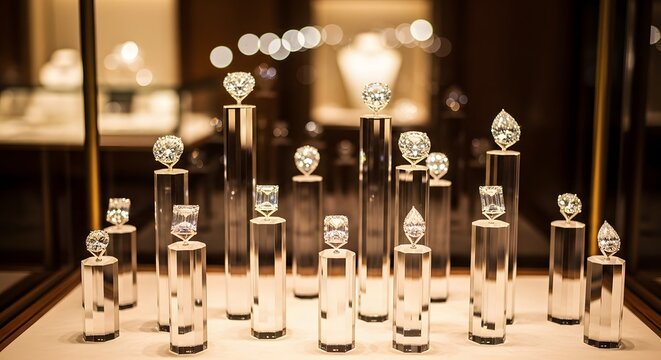 Assorted loose diamonds in various cuts and sizes displayed on elegant crystal pedestals in a high-end luxury jewelry boutique.