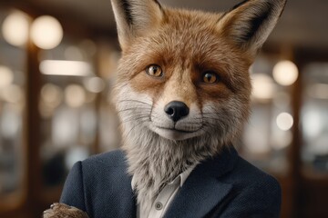 Fototapeta premium A portrait of a red fox wearing a navy blue suit and white shirt, looking at the camera with golden eyes on a blurry background, elegant attire.