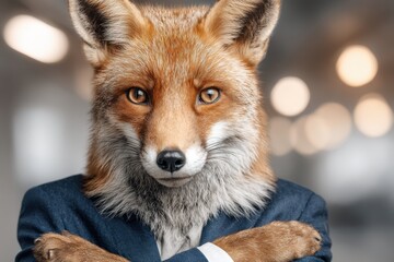 Fototapeta premium A fox dressed in a sharp blue business suit with crossed arms, standing against a blurred corporate office backdrop, conveying professionalism and confidence.