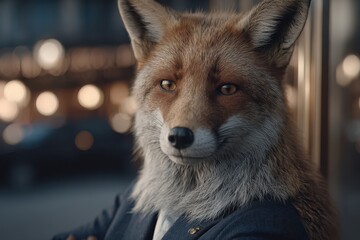 Fototapeta premium A sophisticated fox in a blazer stares intently at the viewer with a blurred cityscape background, showcasing its sharp features and elegant attire, embodying a modern, urban wildlife character.