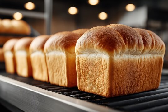 Freshly baked bread loaves on a conveyor belt, conveying the essence of bakery craftsmanship, a perfect blend of traditional baking with modern technology.
