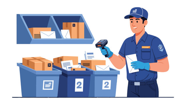 Postal Worker Organizing Parcels: A postal worker, diligently sorting and scanning packages, embodies efficiency and reliability in delivering mail and parcels.