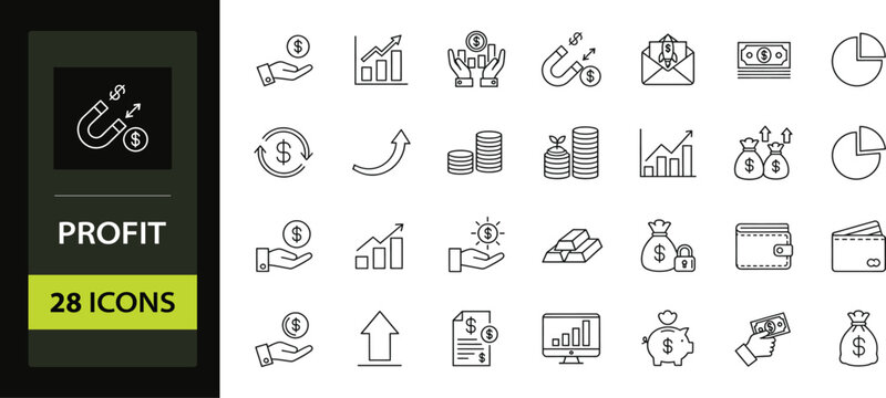 Financial profit set of web icons in line style. Money income linear icon collection. Including finance, growth, investment, payment, earnings and more. vector illustration