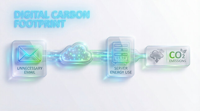 Digital carbon footprint links online habits. Futuristic infographic traces unnecessary email to cloud processing, server energy use, CO2 emissions, showing carbon impact for sustainability awareness
