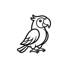 Fototapeta premium A black and white vector line art of a cute cartoon parrot. This minimalist tropical bird illustration is perfect for children's coloring books, icons, and mascot logos.